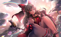  2girls backlighting black_skirt blonde_hair bow bowtie broom broom_riding brown_eyes brown_hair cloud collar commentary_request detached_sleeves frilled_bow frilled_hair_tubes frills hair_bow hair_tubes hakurei_reimu hat hat_bow kirisame_marisa knees_up long_hair multiple_girls orange_sky rainbow red_bow red_shirt red_skirt shirt skirt sky sunrise sunset touhou white_bow white_collar white_sleeves witch_hat yellow_bow yellow_bowtie zukapin 
