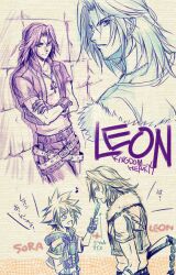  2boys closed_mouth commentary_request final_fantasy final_fantasy_viii fingerless_gloves gloves jacket kingdom_hearts long_hair looking_at_another multiple_boys open_clothes open_jacket open_mouth shijou_satori short_hair sketch smile sora_(kingdom_hearts) squall_leonhart translation_request upper_body 