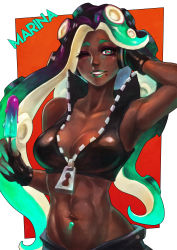 1girl ;) abs absurdres arm_behind_head armpits bioluminescence breasts character_name cleavage colored_skin crop_top dark-skinned_female dark_skin eyebrows eyelashes eyeshadow fang female_focus fingerless_gloves food gloves glowing green_eyes green_hair green_lips green_skin high_collar highres lipstick long_hair makeup marina_(off_the_hook_outfit)_(splatoon) marina_(splatoon) medium_breasts midriff mole mole_under_mouth monori_rogue multicolored_eyes multicolored_hair multicolored_skin navel navel_piercing nintendo octoling one_eye_closed piercing pink_eyes popped_collar popsicle purple_hair smile solo splatoon_(series) splatoon_2 tentacle_hair upper_body zipper rating:Sensitive score:50 user:danbooru