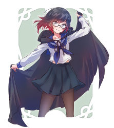  1girl absurdres black_cape black_hair blouse cape cloak female_focus glasses gradient_hair grey_eyes highres hood hooded_cloak iesupa multicolored_hair pantyhose pleated_skirt red_hair ruby_rose rwby sailor_collar school_uniform serafuku shirt short_hair skirt solo two-tone_hair  rating:Sensitive score:6 user:danbooru