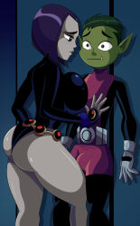  1boy 1girl against_wall ass assertive_female beast_boy_(dc) breast_press breasts bulge colored_skin couple dc_comics erection erection_under_clothes excited excited_for_sex from_side garfield_logan gloves green_skin hand_on_another&#039;s_chest highres huge_ass in_heat large_breasts leotard purple_hair raven_(dc) seductive_smile shiny_skin sideboob smile sweat tagme teen_titans thick_thighs thighs thong_leotard uncensored 