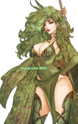  1girl arm_behind_head arm_up big_hair breasts circlet cleavage commentary earrings english_commentary final_fantasy final_fantasy_iv floral_print green_arm_warmers green_eyes green_hair green_leotard green_thighhighs hair_ornament hand_on_own_hip holding holding_staff jewelry large_breasts leotard lipstick long_hair makeup parted_lips pelvic_curtain print_cape red_lips rydia_(ff4) solo staff star_(symbol) star_earrings star_hair_ornament thighhighs vhyrel  rating:Sensitive score:6 user:danbooru