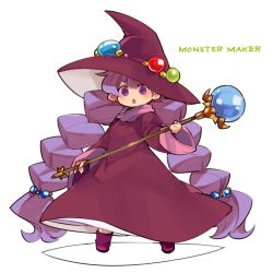  1girl braid dress earrings full_body hat highres holding holding_wand jewelry long_hair looking_at_viewer monster_maker mota open_mouth purple_eyes purple_hair rufia_(monster_maker) simple_background solo staff twin_braids wand white_background witch_hat 