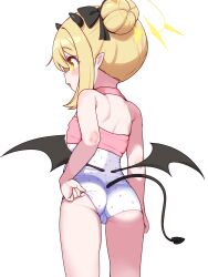  1girl absurdres ass black_horns black_tail black_wings blonde_hair blue_archive cameltoe commentary demon_girl demon_horns demon_tail demon_wings flat_chest from_behind hair_bun halo halterneck highres horns ibuki_(anniversary_swimsuit)_(blue_archive) ibuki_(blue_archive) lk149 loli official_alternate_costume one-piece_swimsuit open_mouth pink_one-piece_swimsuit pointy_ears polka_dot_one-piece_swimsuit short_hair simple_background single_side_bun solo swimsuit tail white_background wings yellow_eyes yellow_halo  rating:Sensitive score:33 user:danbooru