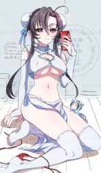  1girl ahoge alternate_costume black_hair blue_nails blue_ribbon blush breasts bridal_gauntlets brown_hair bun_cover cellphone character_doll chinese_clothes cleavage cleavage_cutout closed_mouth clothing_cutout covered_erect_nipples crop_top dated detached_sleeves doll double_bun elbow_gloves eyelashes full_body genderswap genderswap_(mtf) gloves groin hair_between_eyes hair_bun hair_ribbon highres holding holding_phone kimako_(kimako_8) lan_wangji large_breasts long_hair looking_at_viewer midriff modao_zushi nail_polish navel no_panties no_shoes panties pelvic_curtain phone purple_eyes red_panties revealing_clothes ribbon selfie shirt side_slit sidelocks sitting skirt sleeveless sleeveless_shirt smartphone smile solo stomach tassel thighhighs thighs twitter_username underboob underwear unworn_panties waist_tassel watermark wei_wuxian white_gloves white_shirt white_skirt white_thighhighs yokozuwari 