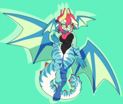  1girl anguria_(seelmaru) animal_feet aqua_skin black_leotard breasts claws cleavage colored_sclera colored_skin commentary curled_tail dragon_girl dragon_horns dragon_tail dragon_wings english_commentary food fruit furry furry_female green_background green_eyes head_wings horns large_breasts leotard looking_at_viewer original ponytail red_hair red_sclera reptile_girl seel_(seelmaru) short_hair simple_background solo spikes striped_skin tail watermelon watermelon_slice wings 