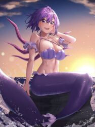  1girl adversarial_noise awono_nanaumi bikini breasts cloud commentary commentary_request detached_sleeves hand_on_own_face highres large_breasts looking_at_viewer monster_girl multicolored_hair navel open_mouth original shell shell_bikini short_hair sitting sunset swimsuit two-tone_hair watermark waves 
