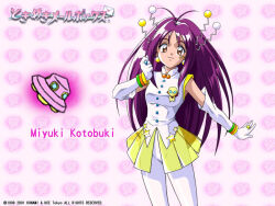  1999 1girl 2001 alien alternate_costume antenna_hair breasts brown_eyes character_name closed_mouth dot_nose earrings english_text feet_out_of_frame female_focus gloves hair_between_eyes jewelry konami kotobuki_miyuki long_hair looking_at_viewer official_art purple_hair ring skirt sleeveless small_breasts smile solo standing star_(symbol) tokimeki_memorial tokimeki_memorial_2 ufo very_long_hair 