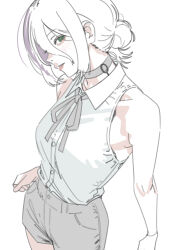  1girl absurdres alternate_hair_color black_choker black_shorts breasts chainsaw_man choker collarbone collared_shirt from_above green_eyes hair_between_eyes hair_bun highres looking_at_viewer medium_breasts medium_hair mikuchi_sunkuo parted_lips reze_(chainsaw_man) shirt shorts sidelocks simple_background sleeveless solo white_background white_hair white_shirt 
