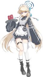  1girl absurdres alternate_costume alternate_hairstyle apron black_boots black_jacket blonde_hair blue_archive blue_eyes blue_ribbon blunt_bangs boots closed_mouth commentary drink hair_ribbon heart-shaped_lock highres holding holding_tray jacket jersey_maid kneehighs long_hair looking_at_viewer maid maid_apron maid_headdress monster_energy nammmmer no_pants ribbon sidelocks single_kneehigh single_sock single_thighhigh sleeves_past_fingers sleeves_past_wrists socks solo thigh_strap thighhighs toki_(blue_archive) tray unconventional_maid white_apron white_socks white_thighhighs 