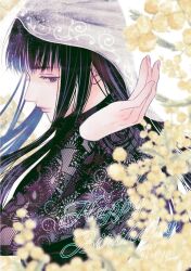  1girl black_hair blunt_bangs closed_mouth commentary_request dress eyelashes happy_birthday highres long_hair long_sleeves looking_at_viewer miri_(xxxmirink) osaragi_(sakamoto_days) profile sakamoto_days sidelocks signature solo upper_body veil white_background 