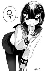  1girl absurdres april_fools blush check_commentary commentary_request dated finger_to_mouth flower genderswap genderswap_(ftm) hair_flower hair_ornament hand_on_own_thigh highres leaning_forward long_sleeves miniskirt original pantyhose pleated_skirt ribbon school_uniform serafuku short_hair simple_background skirt smile smug speech_bubble teeth vae venus_symbol white_background 