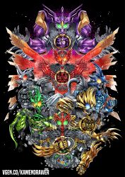  6+boys armor ashmish black_background black_bodysuit black_helmet blue_armor bodysuit commentary core_medal english_commentary glowing glowing_eyes green_armor grey_armor helmet highres kamen_rider kamen_rider_ooo kamen_rider_ooo_(series) male_focus multiple_boys ooo_driver power_armor purple_armor red_armor upper_body yellow_armor 