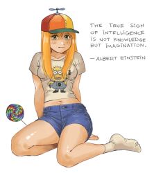  1girl arm_support blonde_hair blue_eyes blush breasts candy character_print commentary denim denim_shorts despicable_me english_text food full_body hat heidi_(heytherenrds) highres holding holding_candy holding_food holding_lollipop lollipop long_hair looking_at_viewer medium_breasts midriff minion_(despicable_me) multicolored_hat navel no_shoes original print_shirt propeller_hat rainbow_hat shirt short_shorts short_sleeves shorts simple_background sitting smile socks solo source_quote swirl_lollipop symbol-only_commentary tight_clothes tight_shirt undersized_clothes white_background white_shirt white_socks yokozuwari 