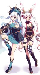  2girls absurdres animal_ears asymmetrical_clothes asymmetrical_legwear bare_shoulders black_leotard blush boots breasts charm_(object) checkered_thighhighs detached_sleeves dress duel_monster frilled_hat frills full_body gradient_hair hair_between_eyes hair_intakes hat highres holding holding_weapon kanzakietc leotard long_hair long_sleeves looking_at_viewer maliss_&lt;p&gt;_march_hare maliss_&lt;p&gt;_white_rabbit medium_breasts multicolored_hair multiple_girls open_mouth pink_eyes rabbit_ears rabbit_girl simple_background smile spiked_hair_ornament standing standing_on_one_leg strapless strapless_dress thigh_boots thigh_strap very_long_hair weapon white_background white_hair wide_sleeves yu-gi-oh! 