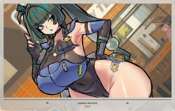 1girl absurdres alternate_costume android armor armpits bare_shoulders battery black_choker black_gloves black_one-piece_swimsuit black_thighhighs blunt_bangs braid breastplate breasts choker collarbone competition_swimsuit covered_navel curvy dutch_angle elbow_gloves fingerless_gloves gloves green_eyes green_hair hair_ornament hair_ribbon hand_on_own_hip hand_up highres huge_breasts long_hair mold_(pixiv6616319) one-piece_swimsuit open_mouth outdoors police police_badge police_uniform policewoman pouch qingyi_(zenless_zone_zero) ribbon solo sphere_hair_ornament swimsuit thick_thighs thighhighs thighs twin_braids twintails unconventional_police_uniform wide_hips zenless_zone_zero 