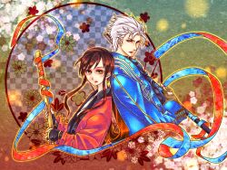  1boy 1girl back-to-back bakumatsu_rouman blue_coat brown_hair checkered_background closed_mouth coat crossover devil_may_cry_(series) fingerless_gloves floral_background flower gloves hakama holding holding_sheath holding_sword holding_weapon japanese_clothes katana long_hair looking_at_viewer m.u.g.e.n pink_flower red_hakama ribbon scabbard sheath short_hair sword takane_hibiki tobi_(discharge_cycle) two-tone_ribbon vergil_(devil_may_cry) weapon weapon_connection white_hair yamato_(sword) 