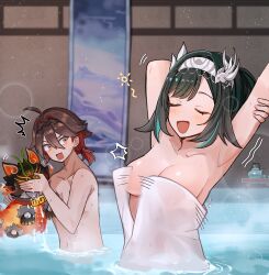  1boy 1girl :d ahoge armpits arms_up black_hair breasts brown_hair closed_eyes commentary_request commission gaming_(genshin_impact) genshin_impact hair_between_eyes hair_intakes hairband highres indoors kuromu_shado lan_yan_(genshin_impact) large_breasts multicolored_hair naked_towel open_mouth pixiv_commission red_hair smile towel towel_slip two-tone_hair water white_hairband 