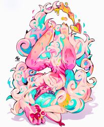  1girl absurdres animal_ears animal_feet animal_hands animal_nose aqua_eyes aqua_hair breasts claws colorful curly_hair demon_tail fluffy furry furry_female heterochromia highres hue_shifting legs_up long_hair looking_at_viewer lying medium_breasts multicolored_hair nude on_back open_mouth original pink_eyes pink_fur simple_background skullsideart smile solo spread_legs streaked_hair tail upside-down very_long_hair white_background white_hair 