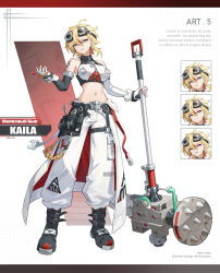  1girl absurdres bare_shoulders black_boots blonde_hair blue_eyes boots breasts character_name clenched_teeth commentary crop_top elbow_gloves english_commentary full_body gloves goggles goggles_on_head highres holding holding_mallet huge_weapon kurimui2 large_breasts looking_at_viewer lorem_ipsum mallet medium_hair midriff multicolored_hair multiple_expressions navel original pants shirt sleeveless sleeveless_shirt solo standing stomach streaked_hair teeth two-tone_shirt waist_cape weapon white_pants 