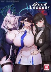  3girls animal_ears artist_request bare_shoulders black_hair blue_archive blue_eyes breast_press breasts coat cover cover_page cross_hair_ornament disgust doujin_cover earrings glasses gloves grabbing_another&#039;s_breast groping hair_ornament halo hand_on_another&#039;s_hip highres huge_breasts jewelry long_hair looking_at_viewer multiple_girls name_tag necktie office_lady pointy_ears red_eyes rin_(blue_archive) rio_(blue_archive) shiroko_(blue_archive) shiroko_terror_(blue_archive) 
