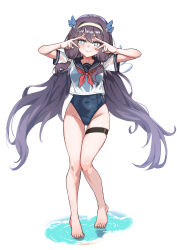  1girl absurdres bare_legs barefoot blue_eyes blue_sailor_collar blush breasts collared_shirt facing_viewer hair_between_eyes hairband highres long_hair looking_at_viewer mayo_(trickcal) medium_breasts neckerchief new_school_swimsuit nukenuke0209 purple_hair red_neckerchief sailor_collar sailor_shirt school_swimsuit shirt short_sleeves sidelocks smile solo standing star-shaped_pupils star_(symbol) swimsuit swimsuit_under_clothes symbol-shaped_pupils thigh_strap trickcal twintails v v_over_eye water wet wet_clothes wet_shirt white_background white_shirt white_wings wings yellow_hairband 