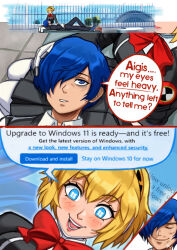  1boy 1girl aigis_(persona) bags_under_eyes black_jacket black_pants blonde_hair blue_eyes blue_sky breasts collared_shirt commentary day english_commentary english_text gekkoukan_high_school_uniform hair_between_eyes hair_over_one_eye hairband highres jacket lap_pillow long_sleeves medium_breasts neggoartz open_mouth outdoors pants persona persona_3 school_uniform shirt short_hair sky smile speech_bubble symbol-shaped_pupils white_shirt yuuki_makoto_(persona_3) 