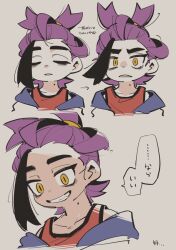  1boy angry arrow_(symbol) black_hair black_shirt black_tank_top black_trim blue_jacket closed_eyes collarbone commentary_request facial_expressions fang frown furrowed_brow hair_tie hair_tied hair_up hairband jacket kieran_(pokemon) looking_at_viewer looking_down looking_to_the_side loose_hair_strand lunchbox_(artist) male_focus mole mole_on_neck multicolored_hair multicolored_shirt multicolored_tank_top multiple_expressions multiple_views nintendo off-shoulder_jacket off_shoulder parted_lips pokemon pokemon_sv ponytail purple_hair raised_eyebrows red_shirt red_tank_top shade shaded_face shirt short_hair simple_background slit_pupils smile tank_top teeth two-tone_hair upper_body white_background yellow_eyes 