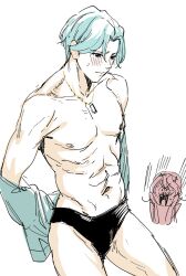  1boy 1girl abs bare_arms bare_legs bare_shoulders black_male_underwear blush collarbone exposed_muscle green_eyes green_hair green_shirt hand_on_own_cheek hand_on_own_face hibiki_kaito highres jewelry kimi_to_idol_precure male_focus male_underwear muscular neck necklace nervous nervous_sweating nipples partially_undressed precure sakura_uta_(precure) shirt short_hair solo solo_focus stomach sugarbeat surprised sweat sweatdrop topless_male underwear underwear_only undressing unworn_clothes white_background 