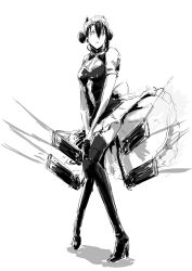  1girl agent_(girls&#039;_frontline) black_boots black_dress black_gloves black_hair black_thighhighs boots breasts chika_(keiin) covering_crotch covering_privates deadpan double_bun dress dress_tug firing frilled_dress frills full_body garter_straps girls&#039;_frontline gloves gun hair_between_eyes hair_bun high_heel_boots high_heels highres horns knees_together_feet_apart leaning_forward looking_at_viewer maid maid_headdress mechanical_arms monochrome parted_lips pose_imitation puffy_short_sleeves puffy_sleeves sangvis_ferri shirt short_sleeves sidelocks simple_background single_sidelock sketch small_breasts solo the_seven-year_itch thigh_boots thighhighs tsurime weapon white_background white_shirt wind wind_lift 