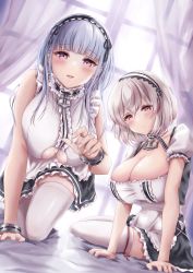 2girls absurdres anchor_choker apron azur_lane bedroom black_dress black_hairband blush breasts center_frills choker cleavage clothing_cutout curtains day dido_(azur_lane) dress dutch_angle feet_out_of_frame framed_breasts frilled_choker frills grey_hair hair_between_eyes hairband highres huge_breasts indoors lace-trimmed_hairband lace_trim large_breasts light_smile looking_at_viewer maid multiple_girls on_bed purple_eyes red_eyes short_hair sirius_(azur_lane) skindentation sleeveless sleeveless_dress smile thighhighs two-tone_dress underboob underboob_cutout waist_apron white_apron white_curtains white_dress white_hair white_thighhighs window yuzu_hirari zettai_ryouiki rating:Sensitive score:32 user:danbooru
