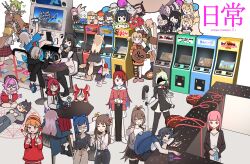  2b_(nier:automata) 2b_(nier:automata)_(cosplay) 6+girls a-chan_(hololive) absurdres advarcher all_fours alternate_costume arcade_cabinet bemani blonde_hair brand_name_imitation cecilia_immergreen ceres_fauna cosplay crazy_taxi dance_dance_revolution elizabeth_rose_bloodflame five_nights_at_freddy&#039;s fuwawa_abyssgard gawr_gura gigi_murin green_hair hakos_baelz highres holding holding_mop holoadvent holocouncil holocure holojustice hololive hololive_english holomyth house_of_the_dead idol_showdown irys_(hololive) long_hair medium_hair metal_gear_(series) metal_slug mococo_abyssgard mop mori_calliope multiple_girls nanashi_mumei nerissa_ravencroft nichijou nier:automata nier_(series) ninomae_ina&#039;nis ouro_kronii parody raora_panthera shiori_novella short_twintails sitting sitting_on_person street_fighter street_fighter_iii_(series) takanashi_kiara tokino_sora tsukumo_sana twintails typo virtual_youtuber watson_amelia white_hair 