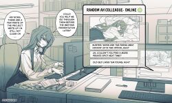  1girl absurdres artist_name book breasts chair chat_log choker commentary computer_keyboard corded_phone desk english_commentary english_text hair_between_eyes highres indoors long_hair long_sleeves looking_at_screen monitor monochrome office office_chair office_lady original paper_stack parted_lips pen phone senukin shirt sitting skirt speech_bubble spot_color sticky_note sweatdrop swivel_chair talking talking_on_phone twitter_username typing zooming_in 
