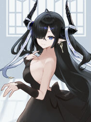  1girl absurdres ahoge arknights back_bow black_bow black_dress black_hair blue_eyes bow breasts cleavage closed_mouth cowboy_shot dr.lamina dress earrings from_side hair_over_one_eye hand_on_own_chest highres horns indoors jewelry large_breasts long_hair looking_at_viewer looking_to_the_side mole mole_under_mouth pointy_ears qalaisa_(arknights) smile solo strapless strapless_dress very_long_hair window 