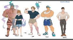  4boys abs absurdres alternate_form alternate_muscle_size backwards_hat bandaid bandaid_on_cheek bandaid_on_face bara baseball_cap biceps black_hair black_shirt blonde_hair blue_eyes blue_hair blue_shorts bracelet brown_eyes brown_hair brown_shorts chest_hair circlet crossed_arms english_text facial_hair flexing genie goatee gold_anklet gold_armlet gold_bracelet gold_circlet grey_tank_top grin hair_over_one_eye hand_on_own_hip hat highres jewelry large_pectorals loafers male_focus multicolored_hair multiple_boys muscle_growth muscular muscular_male nipple_piercing original pants parted_lips pectorals piercing pink_eyes pointy_ears reference_sheet robokeh shirt shoes shorts size_difference sketch slippers smile sneakers stubble sweater tank_top thick_thighs thighs tight_clothes transformation two-tone_hair v-neck white_background 