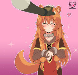  1girl animal_ear_fluff animal_ears armored_gloves artist_logo artist_name black_dress brown_gloves collar collarbone commentary_request disembodied_hand dress eyelashes facing_viewer fingerless_gloves gloves hair_between_eyes hands_up happy highres iwatani_naofumi layered_dress logo long_hair long_sleeves messy_hair metal_collar metal_wrist_cuffs orange_hair outline parted_lips pink_background raccoon_ears raccoon_girl raccoon_tail raphtalia red_dress scared shadowfenrir short_sleeves signature solo sparkle striped_clothes striped_dress tail tate_no_yuusha_no_nariagari two-tone_dress upper_body variant_set vertical-striped_clothes vertical-striped_dress white_outline 
