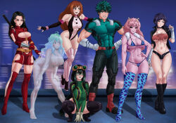  1boy 6+girls aged_up amenoosa animal_head ashido_mina asui_tsuyu audio_jack belt belt_skirt black_eyes black_hair black_sclera blunt_bangs blush bodysuit boku_no_hero_academia breasts brown_eyes brown_hair colored_sclera colored_skin frog_girl gloves green_bodysuit green_eyes green_hair green_lips hagakure_toru hair_between_eyes hair_rings horns invisible jacket jiro_kyoka katana large_breasts leotard long_earlobes long_hair low-tied_long_hair medium_breasts messy_hair midoriya_izuku multicolored_bodysuit multiple_girls muscular navel nipples open_clothes open_leotard open_mouth pink_hair pink_skin purple_hair red_leotard short_hair skirt smile spiked_hair superhero_costume sword unusually_visible uraraka_ochaco utility_belt weapon yaoyorozu_momo yellow_eyes yellow_horns 