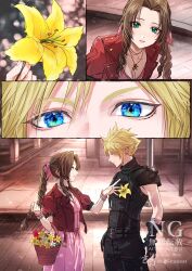  1boy 1girl 26caaan absurdres aerith_gainsborough aqua_eyes armor bandaged_arm bandages bangle basket belt black_gloves blonde_hair bracelet braid braided_ponytail breasts brown_hair choker cloud_strife cobblestone cowboy_shot cropped_jacket dress earrings final_fantasy final_fantasy_vii final_fantasy_vii_rebirth final_fantasy_vii_remake flower flower_basket flower_choker gloves green_eyes hair_between_eyes hair_ribbon highres holding holding_basket holding_flower jacket jewelry lily_(flower) long_dress long_hair looking_at_another looking_at_viewer medium_breasts multiple_belts outdoors parted_bangs parted_lips pink_dress pink_ribbon puffy_short_sleeves puffy_sleeves red_flower red_jacket red_tulip ribbon road short_hair short_sleeves shoulder_armor sidelocks single_bare_shoulder single_braid single_earring single_shoulder_pad sleeveless sleeveless_turtleneck slums spiked_hair street tulip turtleneck twitter_username upper_body white_flower yellow_flower 