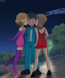  1girl 2girls alternate_costume alternate_hair_length alternate_hairstyle arm_at_side ash_ketchum backless_dress backless_outfit bare_shoulders black_hair black_shoes blonde_hair blush breasts brown_hair closed_eyes crease dress elbow_gloves fankifalu feet_up formal_clothes full_body gloves hand_up happy high_heels highres kissing_cheek kneepits lamppost legs may_(pokemon) medium_hair multiple_girls neck night no_bra outdoors pink_dress pink_shoes pokemon pokemon_(anime) purple_thighhighs red_dress road scan serena_(pokemon) shoes short_dress shoulder_blades sidelocks sleeveless sleeveless_dress small_breasts smile standing street swept_bangs thighhighs thighs 