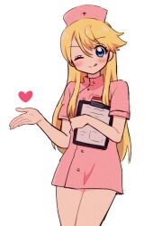  1boy blonde_hair blue_eyes clipboard closed_mouth commentary_request cowboy_shot crossdressing crossdressing_(mtf) dress hat heart highres holding holding_clipboard kuma_(persona_4) licking_lips long_hair looking_at_viewer male_focus nurse nurse_cap one_eye_closed persona persona_4 pink_dress short_sleeves simple_background smile solo standing tongue tongue_out w6wa4 white_background 