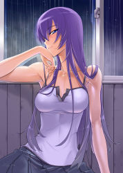 1girl bare_shoulders blue_eyes blush breasts busujima_saeko camisole casual cleavage female_focus fingernails head_rest highschool_of_the_dead large_breasts long_fingernails long_hair looking_at_viewer medium_breasts purple_hair rain satou_shouji skirt smile solo tank_top unbuttoned window rating:Sensitive score:212 user:danbooru