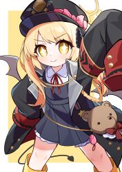  &gt;:) +_+ 1girl absurdres animal_bag arm_up armband bear_bag black_coat black_dress black_hat black_ribbon blonde_hair bloomers blue_archive boots border bow chinese_commentary closed_mouth coat collared_shirt commentary_request crime_prevention_buzzer demon_girl demon_tail demon_wings dot_nose dress feet_out_of_frame grey_wings hair_ribbon halo hand_on_own_hip hat hat_bow highres ibuki_(blue_archive) legs_apart light_blush long_hair looking_at_viewer low_wings military_hat mogu_kinoko multicolored_coat neck_ribbon open_clothes open_coat outside_border outstretched_arm oversized_clothes peaked_cap pinafore_dress pink_bow pleated_dress red_armband red_ribbon ribbon rubber_boots school_uniform shirt sleeveless sleeveless_dress sleeves_past_fingers sleeves_past_wrists smile solo sparkle standing stuffed_animal stuffed_toy tail two-tone_coat underwear v-shaped_eyebrows white_bloomers white_border white_shirt wings yellow_background yellow_boots yellow_eyes yellow_halo 