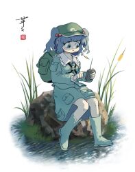  1girl ay606078 backpack bag blue_boots blue_eyes blue_hair blue_skirt boots breasts cattail chinese_commentary collared_shirt commentary_request controller flat_cap frilled_shirt_collar frills green_bag green_hat hair_bobbles hair_ornament hat highres holding holding_remote_control kawashiro_nitori key long_sleeves plant remote_control rock rubber_boots shirt signature sitting skirt solo touhou two_side_up water 
