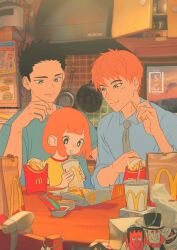  1girl 2boys black_hair burger chicken_nuggets child daughter_(yoru_mac) drinking drinking_straw eating family fast_food father_(yoru_mac) father_and_daughter food french_fries genderswap genderswap_(ftm) highres husband_and_husband kitchen mcdonald&#039;s mother_(yoru_mac) multiple_boys orange_hair sitting stanglassart table third-party_edit uraura_ura-chan window yaoi yoru_mac 