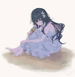  1girl bare_shoulders barefoot breasts commentary crossed_ankles crossed_legs dated dress flower food gakuen_idolmaster green_eyes green_hair hair_between_eyes hair_flower hair_ornament highres holding holding_food holding_ice_cream holding_ice_cream_cone ice_cream ice_cream_cone idolmaster knees_up long_hair looking_at_viewer medium_breasts multiple_scoops qs11 signature sitting sleeveless sleeveless_dress solo sundress tsukimura_temari white_dress 