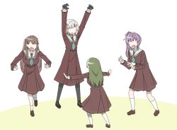  4girls :d :o aqua_neckerchief arms_up black_pantyhose black_shoes brown_dress brown_hair brown_shoes claw_pose diagonal_bangs dress fujishima_megumi green_hair hair_bun hair_ornament hasu_no_sora_school_uniform highres jurassic_world kneehighs link!_like!_love_live! loafers long_hair long_sleeves love_live! medium_dress meme multicolored_hair multiple_girls neckerchief no_eyes ogami_sachi open_mouth otomune_kozue outstretched_arms pantyhose parody pleated_dress prattkeeping_(meme) purple_hair red_hair sailor_collar sailor_dress school_uniform shoes short_hair side_ponytail sidelocks simple_background single_side_bun smile socks spread_arms standing star_(symbol) star_hair_ornament streaked_hair tetetsu virtual_youtuber white_background white_hair white_sailor_collar white_socks winter_uniform yugiri_tsuzuri 