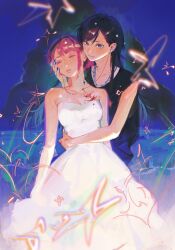  2girls amo_(amo_0514) arm_around_waist bare_arms bare_shoulders beach black_hair black_shirt blood blood_on_chest blood_on_clothes bloody_clothes bloody_dress blue_eyes blue_nails blue_sky blurry blurry_foreground blush breasts chain chain_necklace cleavage closed_eyes closed_mouth cloud cloudy_sky collarbone commentary_request dark_cloud drawn_star dress earbuds earphones fingernails floating_hair hair_behind_ear hair_ornament hand_on_another&#039;s_face head_tilt heads_together highres jewelry kororon_(song) long_dress long_hair looking_at_viewer medium_breasts multiple_girls nail_polish neck_tattoo necklace night ocean okami-chan_(kororon) on_ground outdoors parted_bangs parted_lips pink_hair sand shared_earphones shirt shore short_hair sitting sky sleeping sleeping_on_person sleeping_upright sleeveless sleeveless_shirt star_(symbol) star_hair_ornament strapless strapless_dress tattoo tora-chan_(kororon) v-shaped_eyebrows white_dress yuri 