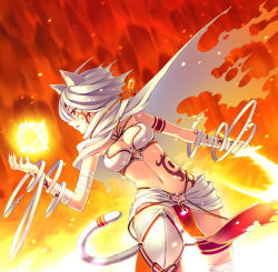 1girl animal_ears bandages breasts cat_ears cat_girl cat_tail cleavage female_focus fire midriff sayori_(neko_works) short_hair solo tail tattoo white_hair rating:Sensitive score:48 user:TiTaNz