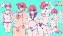  1boy ass bikini blue_eyes blush bow bow_bikini bulge butt_crack gridman_universe heart hibiki_yuuta highres kneeling male_focus nagano_rira navel ramune red_hair sailor_collar shoes shota side-tie_bikini_bottom sitting sneakers solo ssss.gridman standing striped_bikini striped_clothes striped_thighhighs sweat swimsuit thighhighs trap underwear 