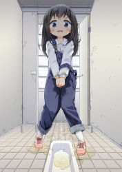 1girl between_legs black_hair blush crotch_grab embarrassed full_body hand_between_legs heijitsu_(paapuu) knees_together_feet_apart loli long_hair looking_at_viewer open_mouth original overalls pee pee_stain pee_trail peeing peeing_self pink_footwear puddle public_restroom shirt solo squat_toilet standing tears tile_floor tiles toilet toilet_stall water_drop wet wet_clothes rating:Questionable score:64 user:danbooru